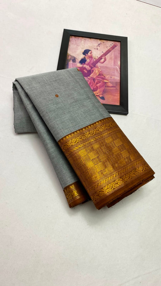 Grey Kanchi Cotton Saree with Antique Gold Zari Border
