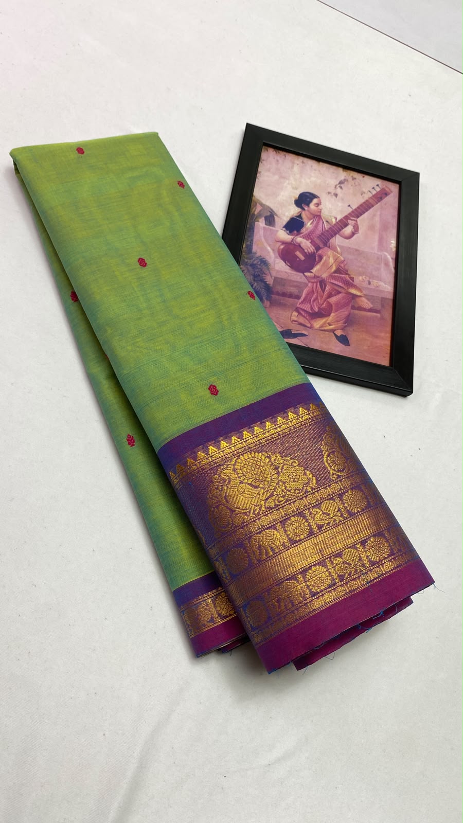 Parrot Green Saree with Purple and Gold Zari Border - Kanchi Cotton