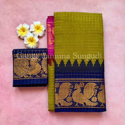 Mustard Yellow Sungudi Cotton Saree with Green Ganga-Jamuna Border and Blouse Piece