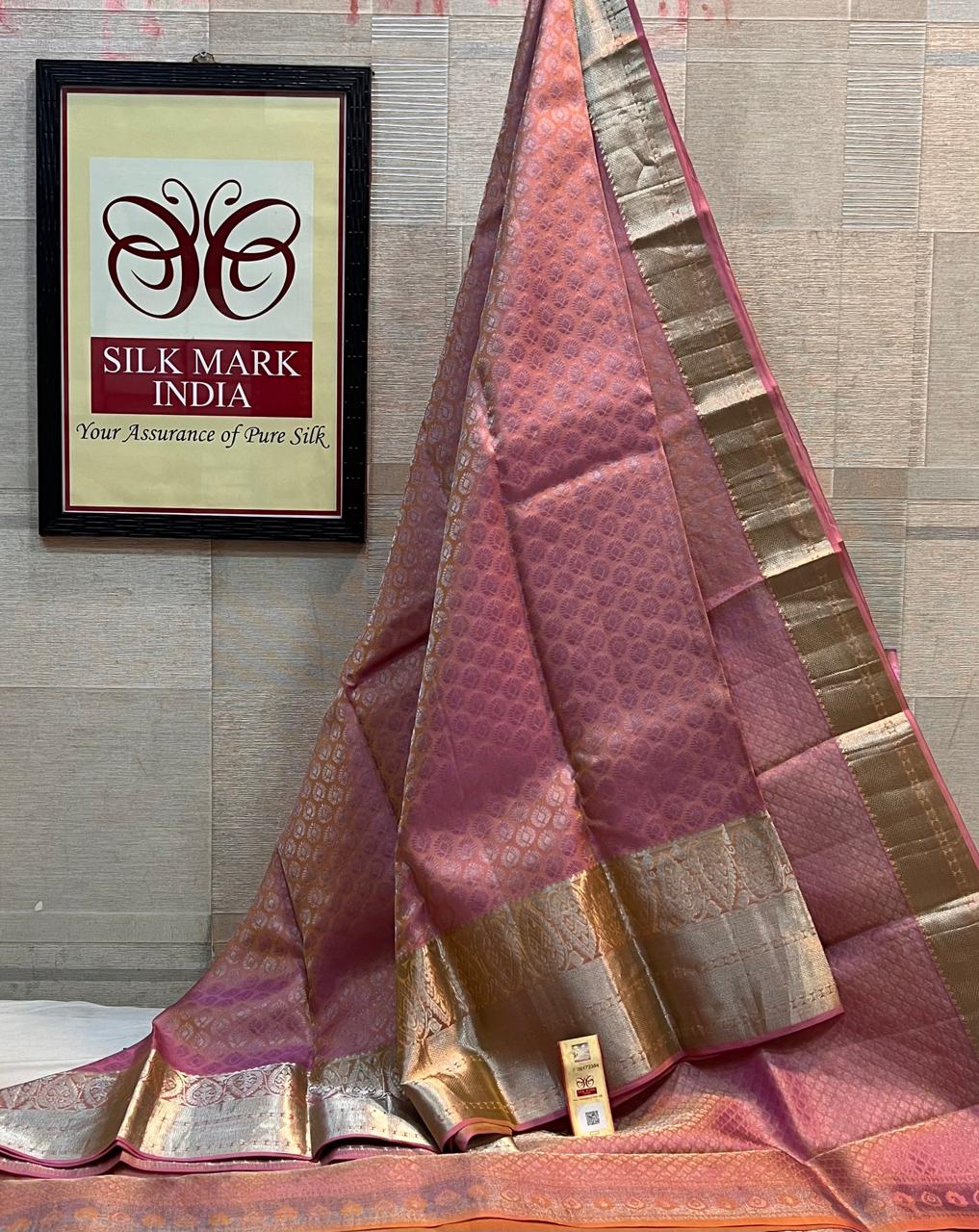 Dusty Rose Pink Pure Kanchipuram Silk Saree with Rich Gold Zari Border | Traditional Wedding Silk Saree