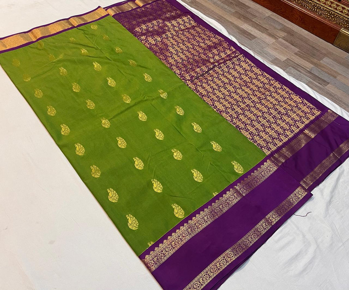 Green Vegan Silk Saree with Purple Gold Retta Petta Korvai Border and Contrast Pallu