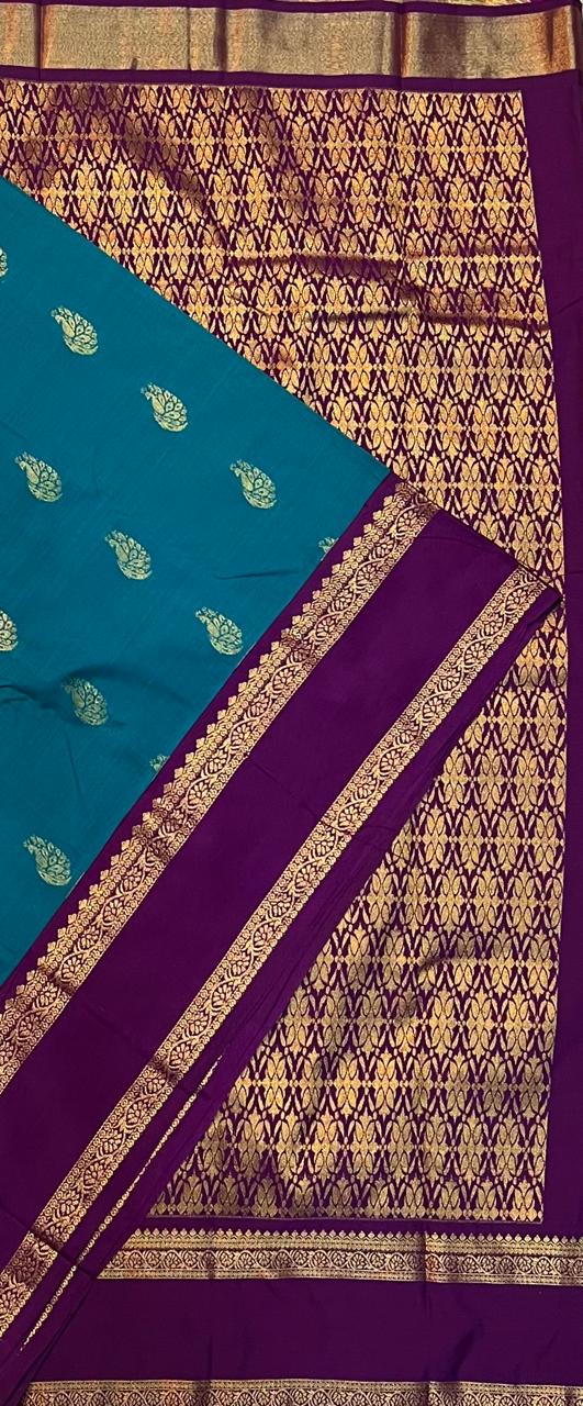Teal Blue Vegan Silk Saree with Purple Gold Retta Petta Korvai Border