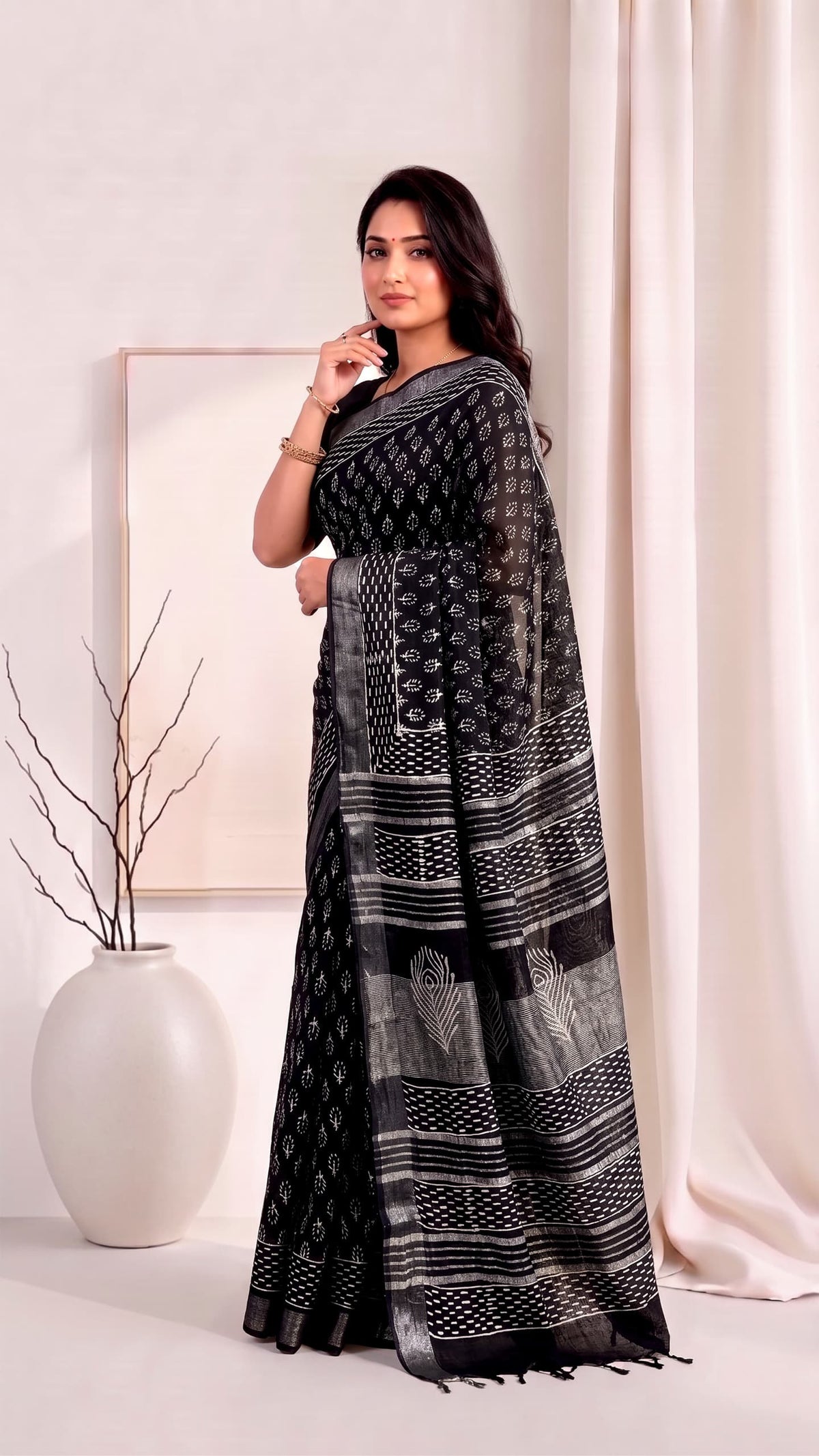 Black & Silver Natural Colour Kalamkari Linen-Style Cotton Slub Saree