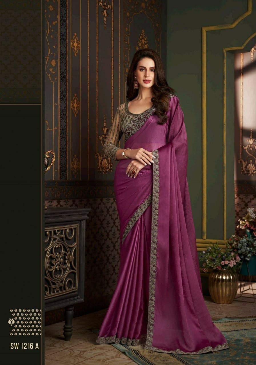 silver work luxury party wear saree in Satin Silk Chiffon