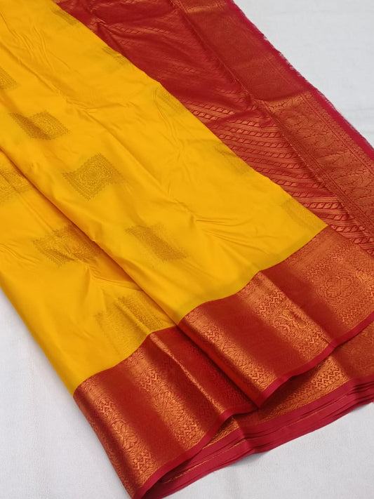 Yellow and Red semi silk pattu saree