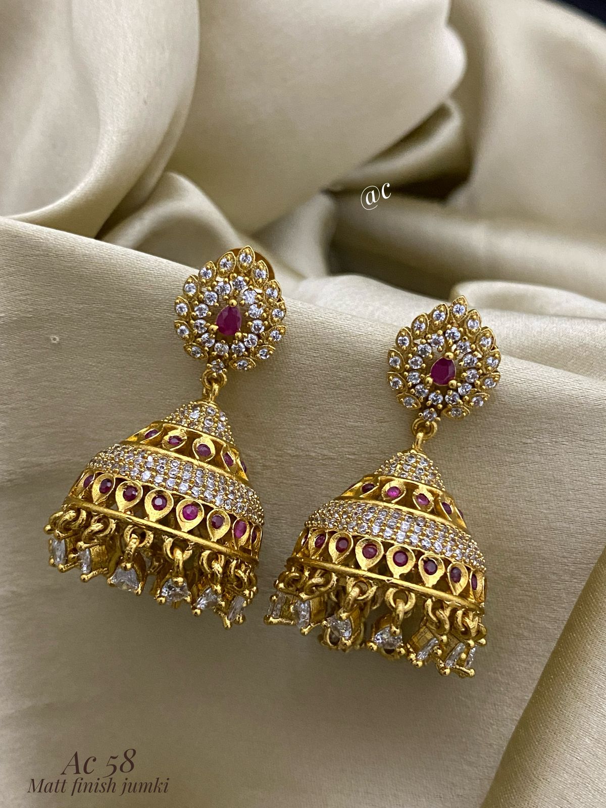Matt Finish Ruby & CZ Jhumki Earrings – Traditional Temple Jewelry | Perfect for Weddings & Festivals | UK Next Day Delivery