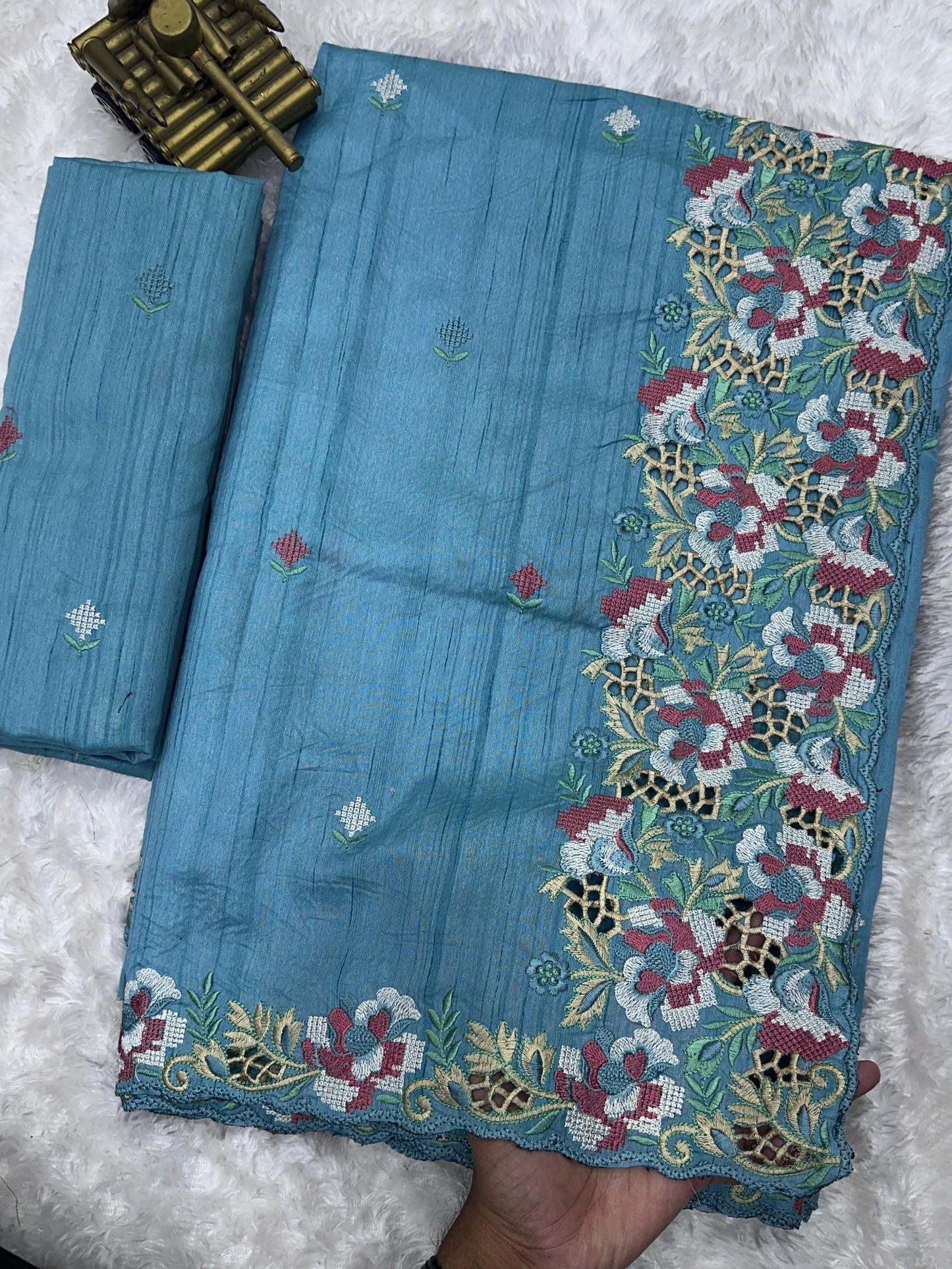 Sky blue saree - Visca Slub Silk Saree with Intricate Cut Work & Embroidery