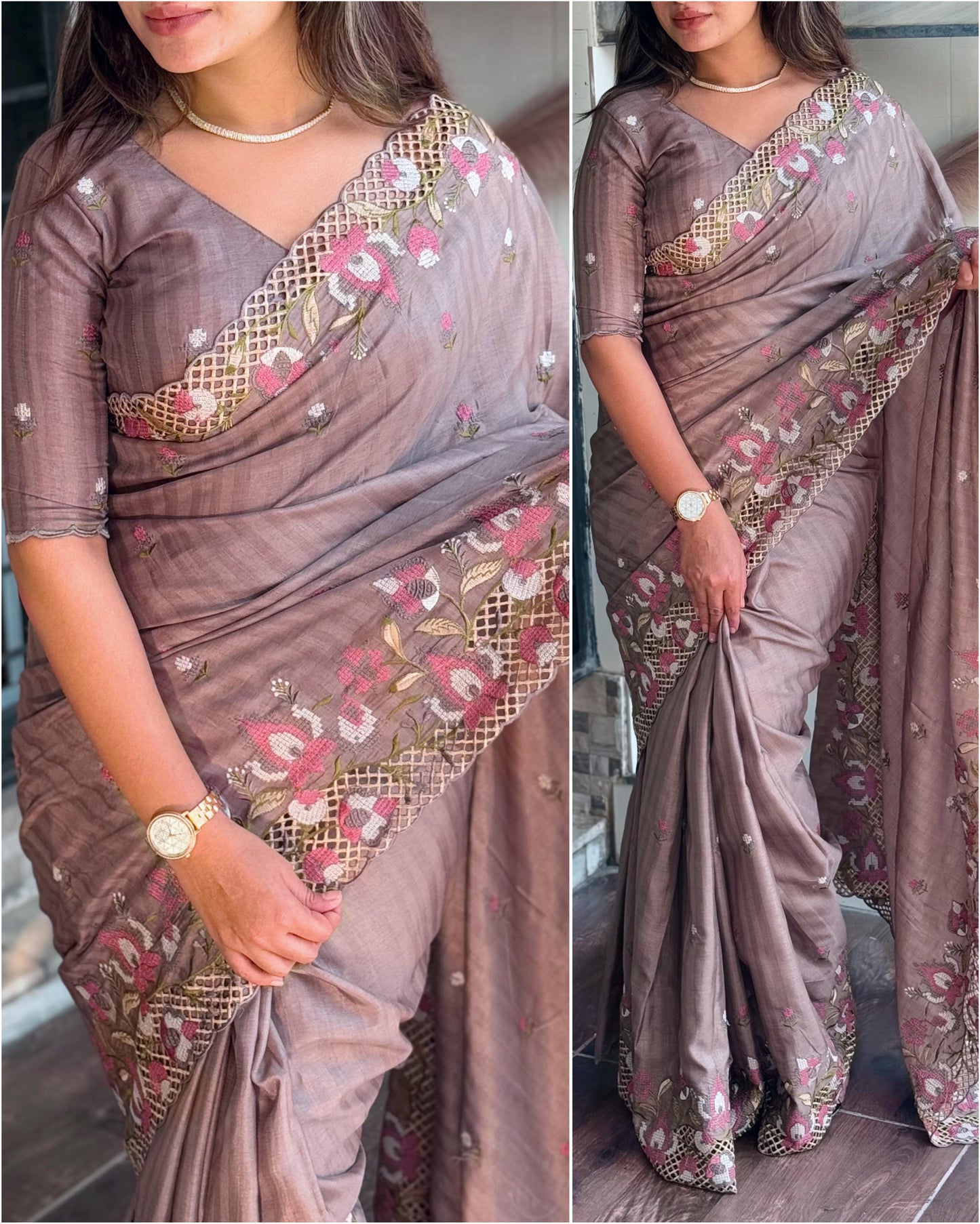 Dusty lavender - Visca Slub Silk Saree with Intricate Cut Work & Embroidery