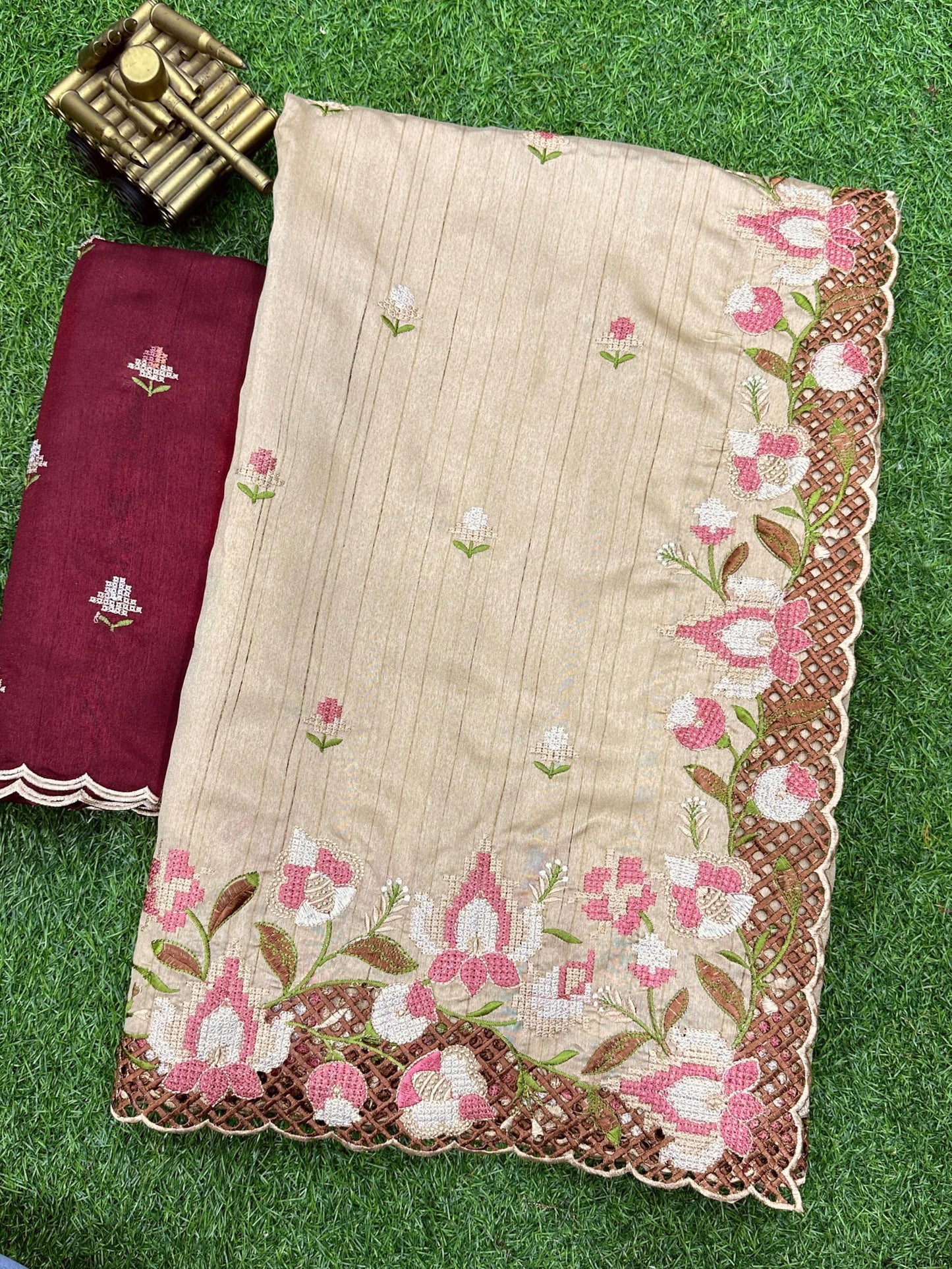 Champagne gold - Visca Slub Silk Saree with Intricate Cut Work & Embroidery