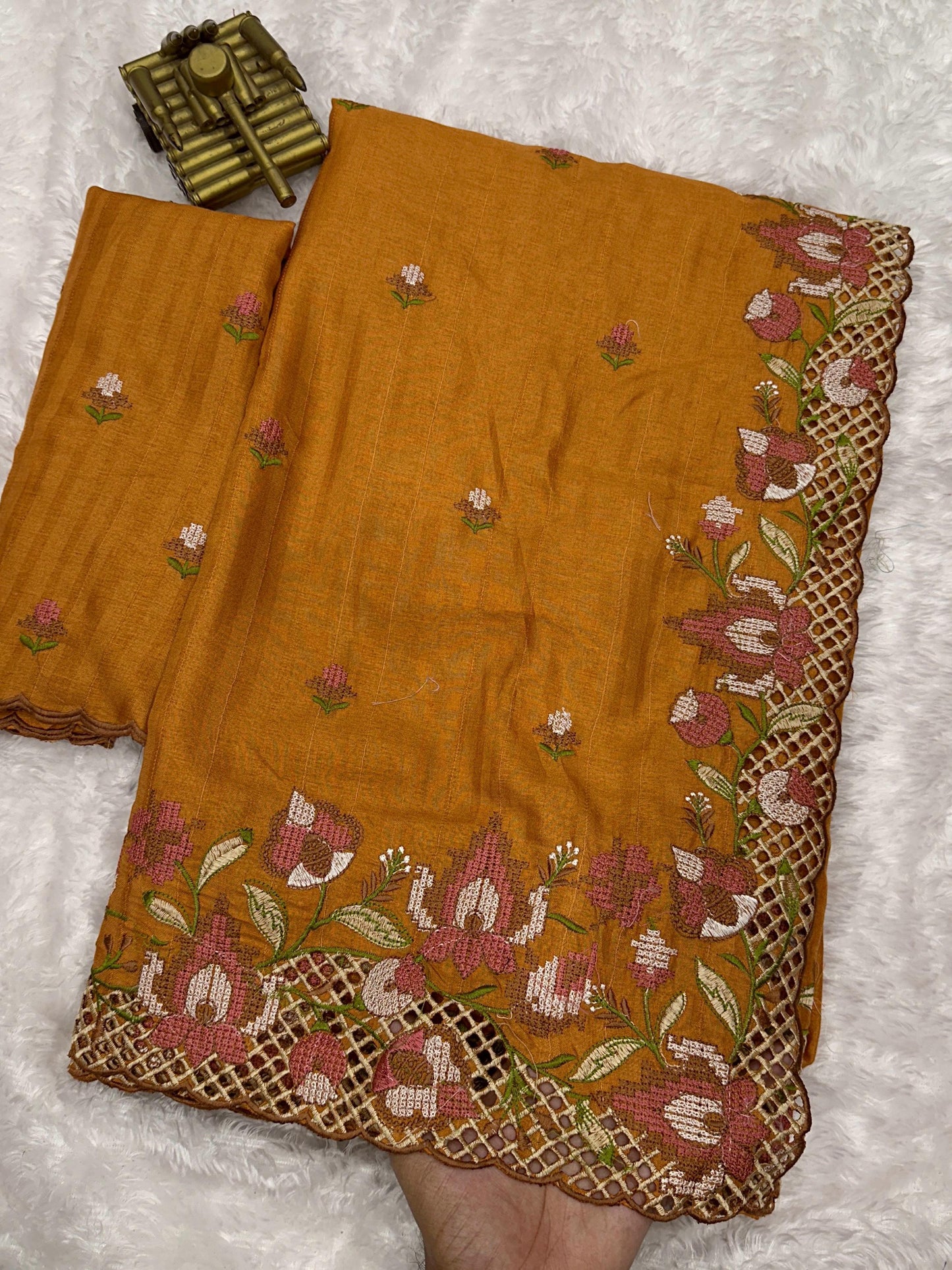 Rust Terracott Visca Slub Silk Saree with Cut Work Embroidery