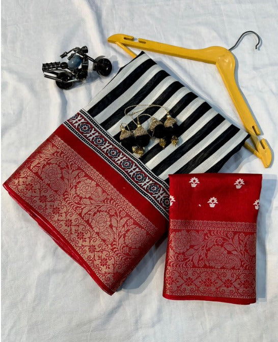 Black and white striped Soft Dola Saree with latkan