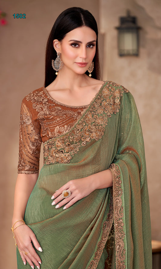 Vibrant pasta green Saree with Embroidered Border