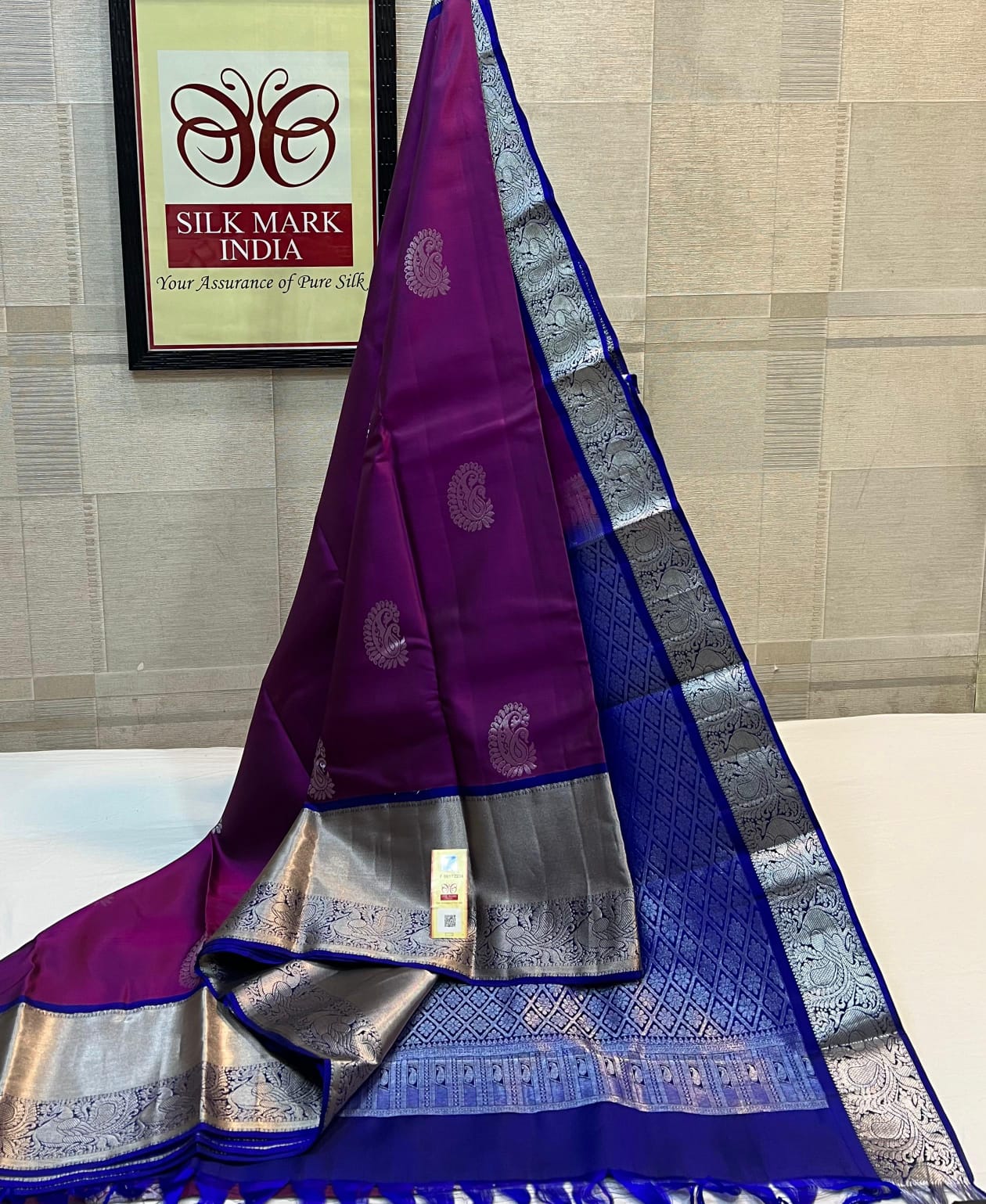 Pure Silk Mark Certified Kanchipuram Silk Saree – Royal Purple with Royal Blue Border & Silver Swan Zari Design