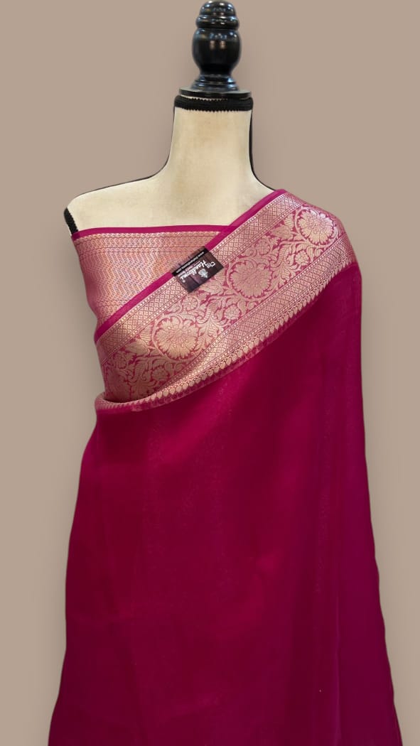 Deep magenta Banarasi tissue saree with woven gold border
