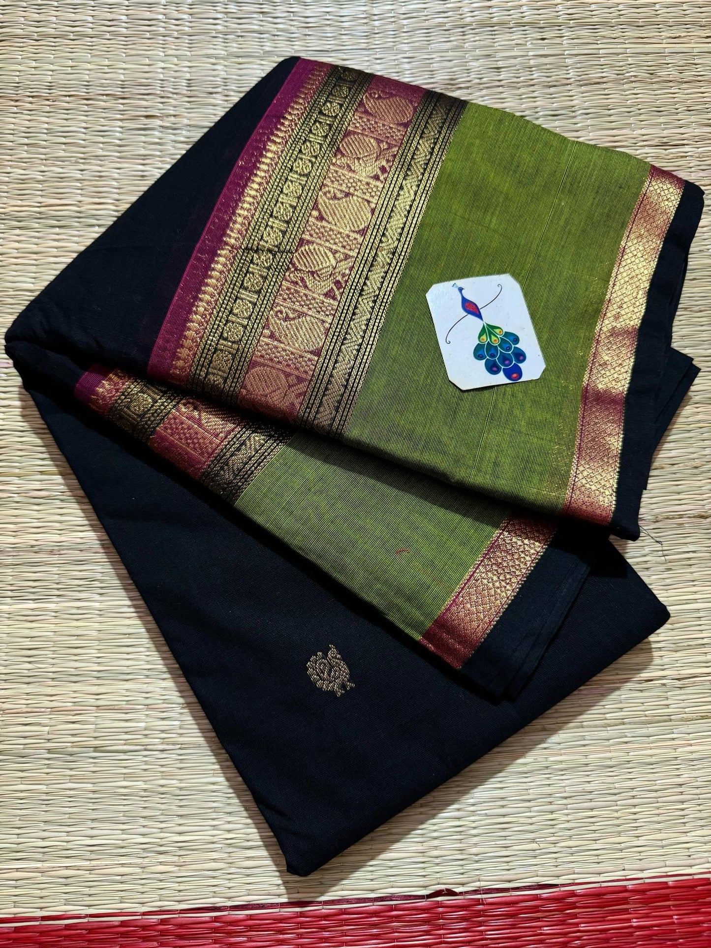 Black and apple green kanchi cotton saree