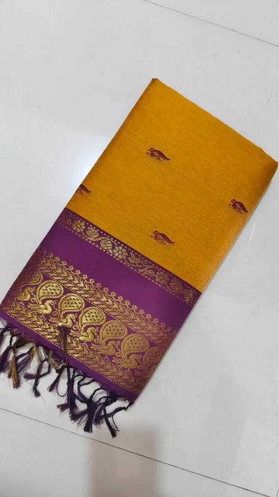 Mustard and purple Kalyani cotton saree