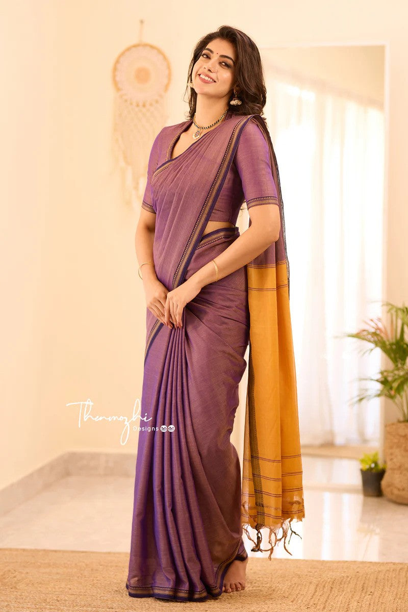 Onion pink Small border - Red Narayanpeth Mercerised Cotton Saree