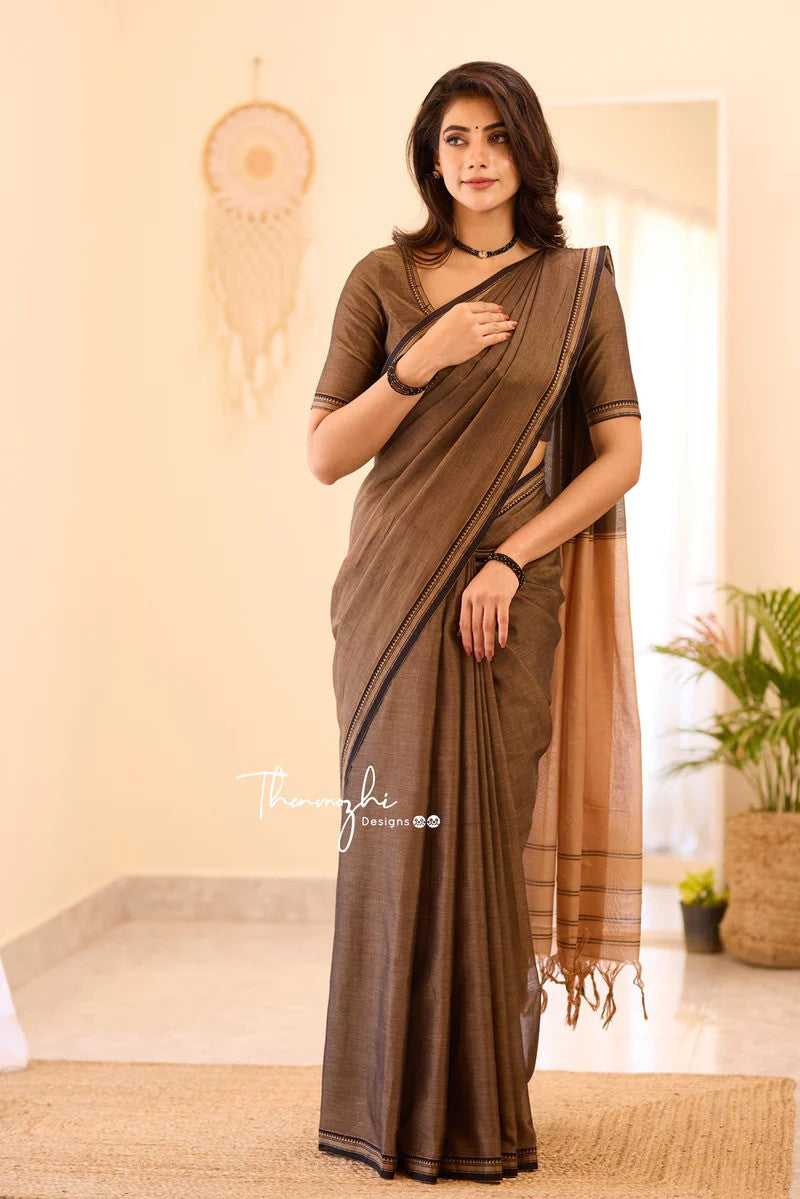 Small Border Brown Narayanpeth Mercerised Cotton Saree
