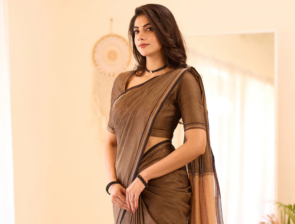 Small Border Brown Narayanpeth Mercerised Cotton Saree