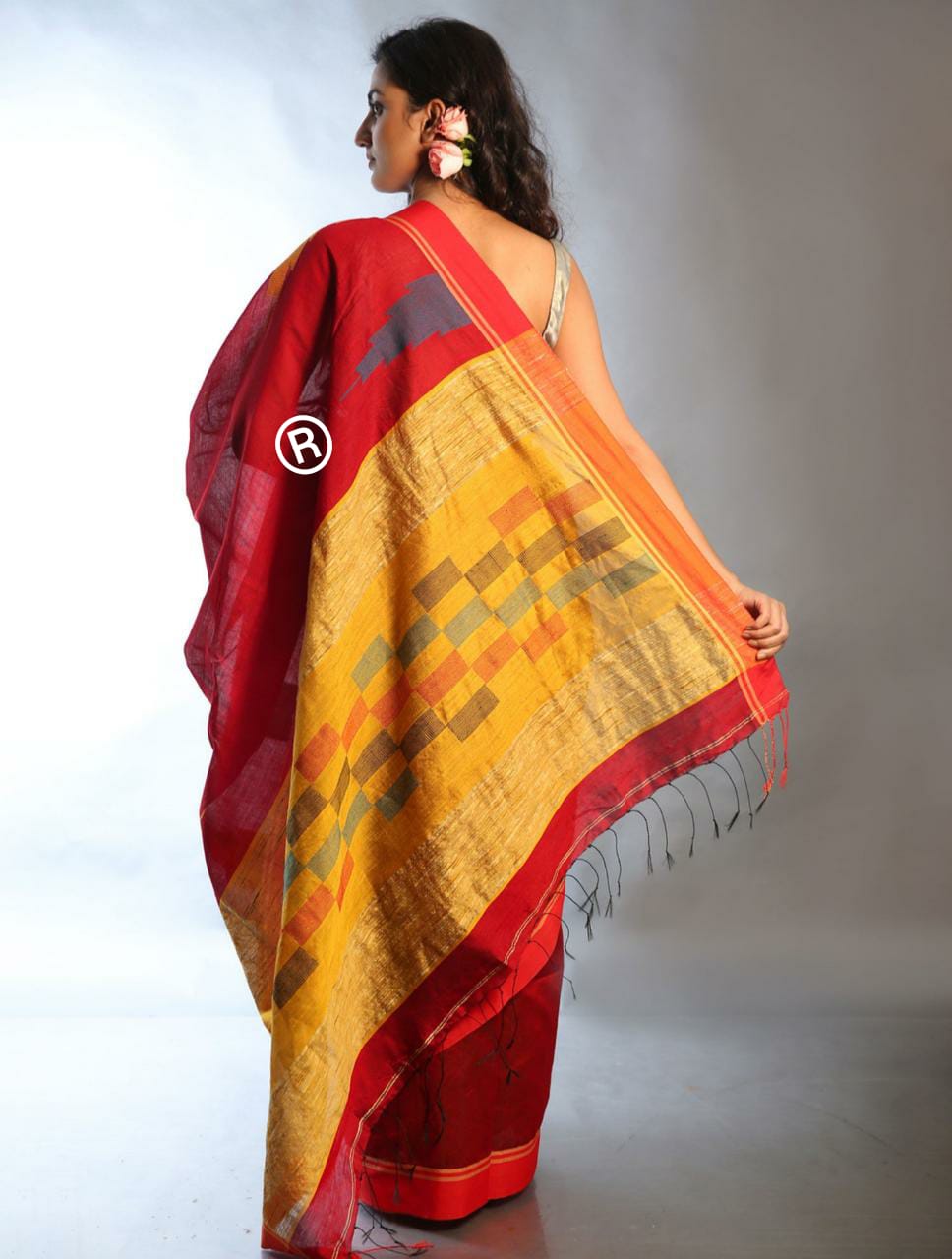 Khadi Cotton Saree with Temple Border – Mustard Yellow
