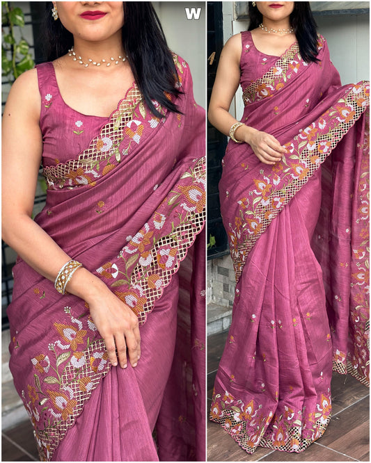 Onion Pink Visca Slub Silk Saree with Cut Work Design