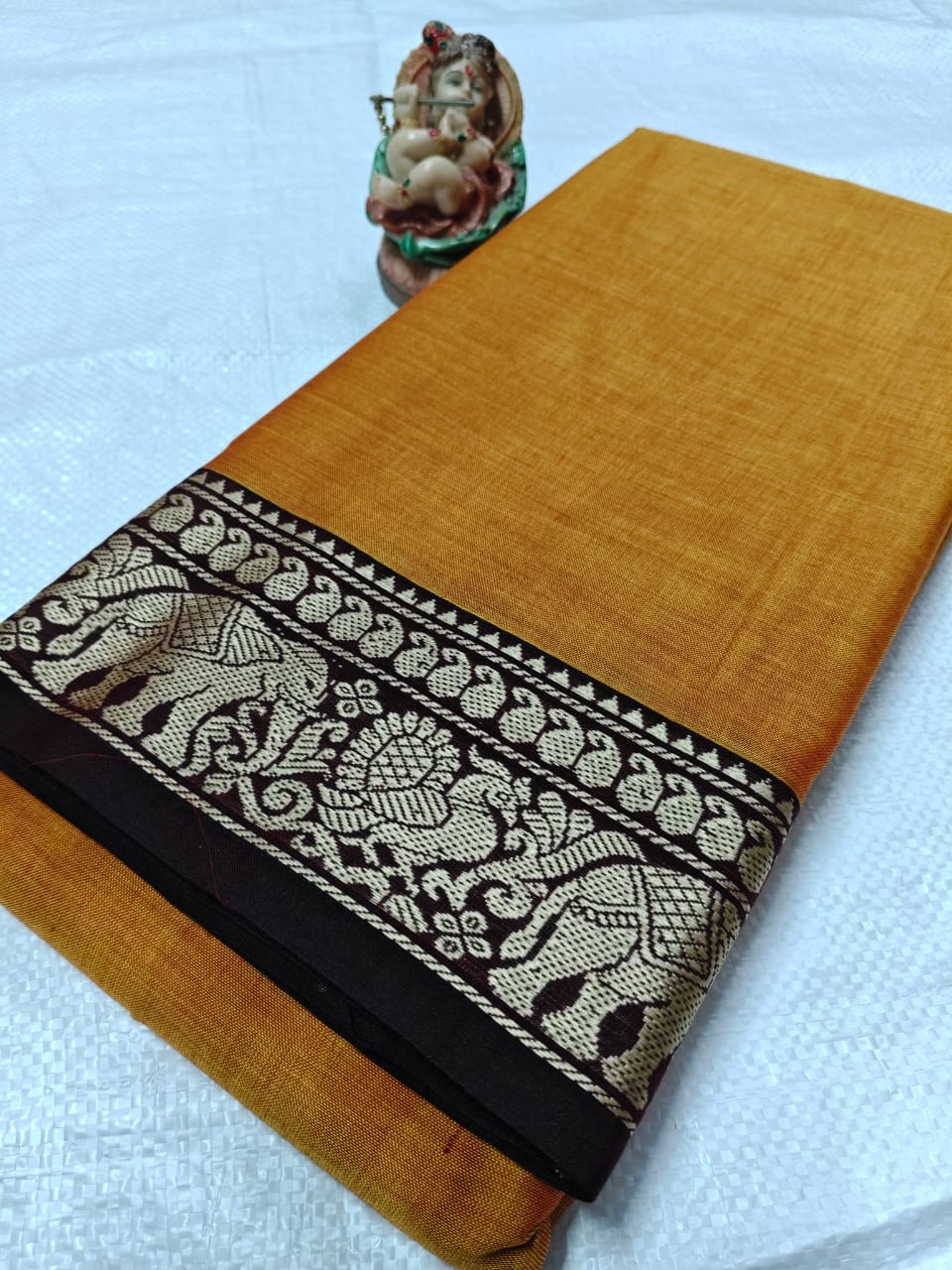 Mustard yellow Narayanpet cotton saree with an elephant border design pure Narayanpeth Mercerised Cotton Sarees