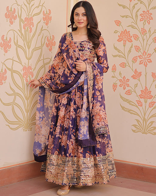 Wine Color Russian Silk Embroidered Gown