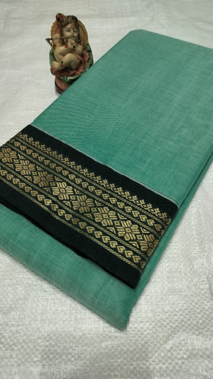 Cyanic blue and black border Pure Narayanpeth Mercerised Cotton Sarees
