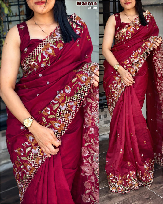 Red Visca Slub Silk Saree with Cut Work Embroidery UK