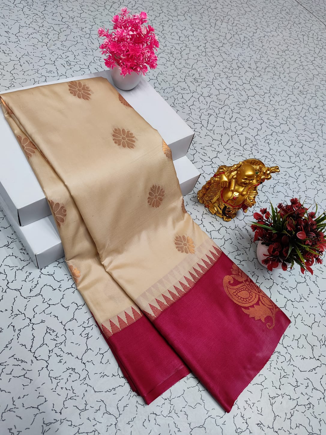 Soft silk pattu saree cream and red