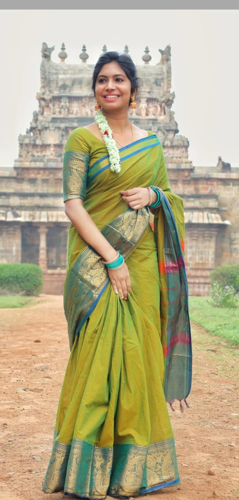 Double green pure kanchi cotton saree