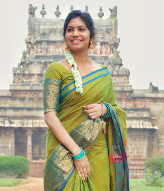 Double green pure kanchi cotton saree