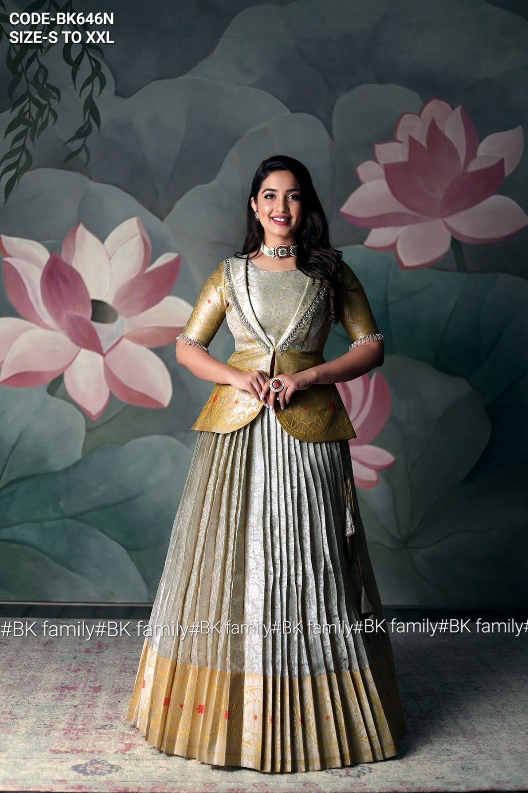 Golden banarasi pattu gown