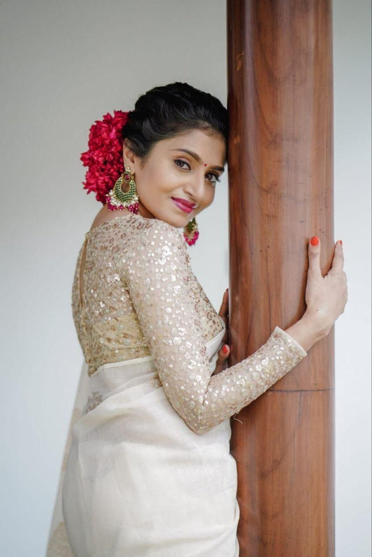 Kerala Linen Cotton Saree – Off White & Sparkling Blouse