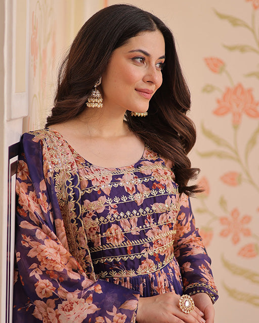 Wine Color Russian Silk Embroidered Gown