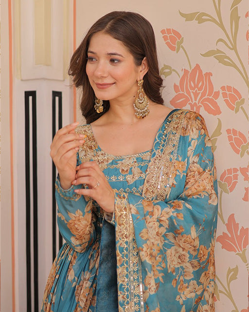 Sky Blue Color Russian Silk Embroidered Gown