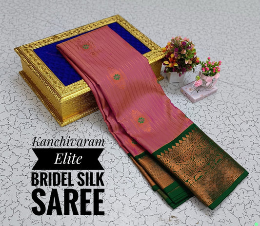Kanchivaram Elite Bridal Silk Saree with a gold box and flowers on a textured surface