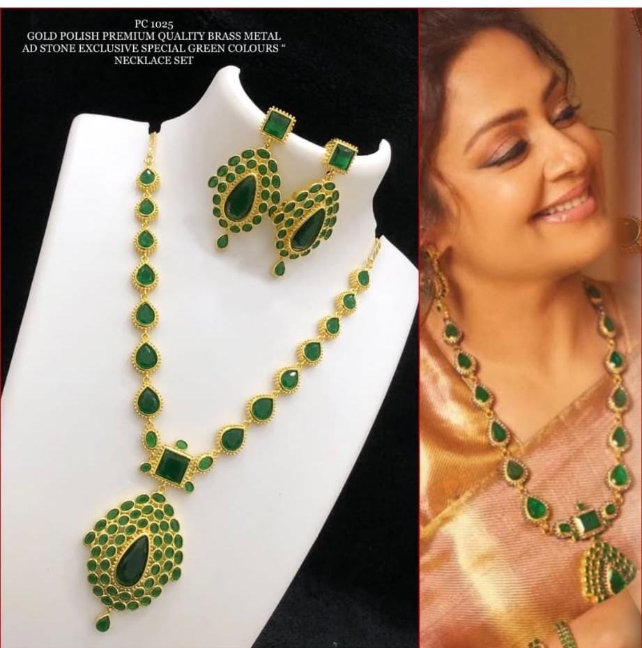 Traditional Gold Polish Green AD Stone Necklace Set – Premium Brass Bridal Jewelry for Women