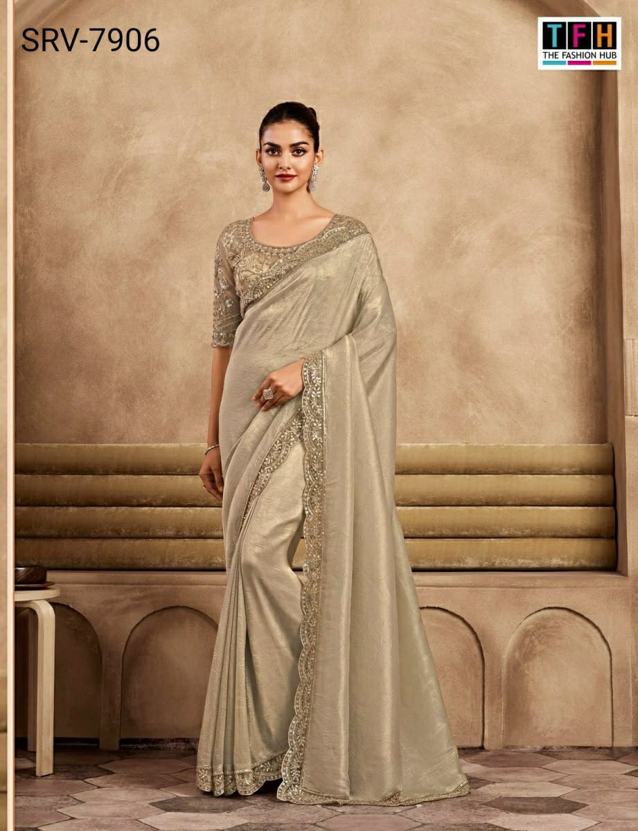 Shine silk party wear saree - silvery gold