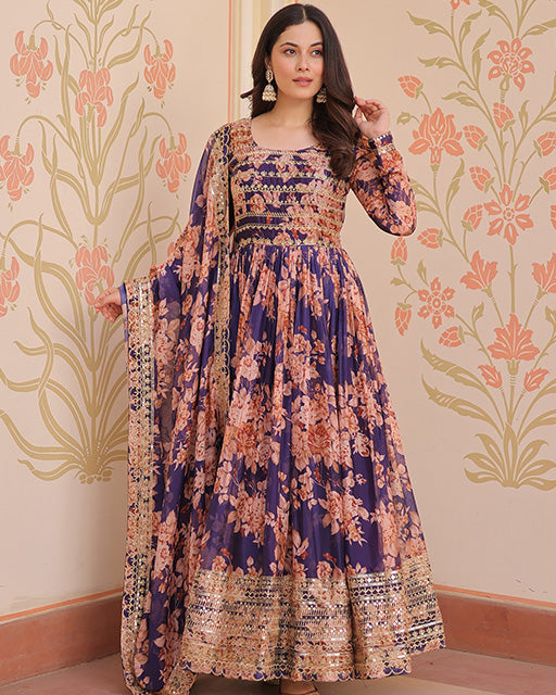 Wine Color Russian Silk Embroidered Gown