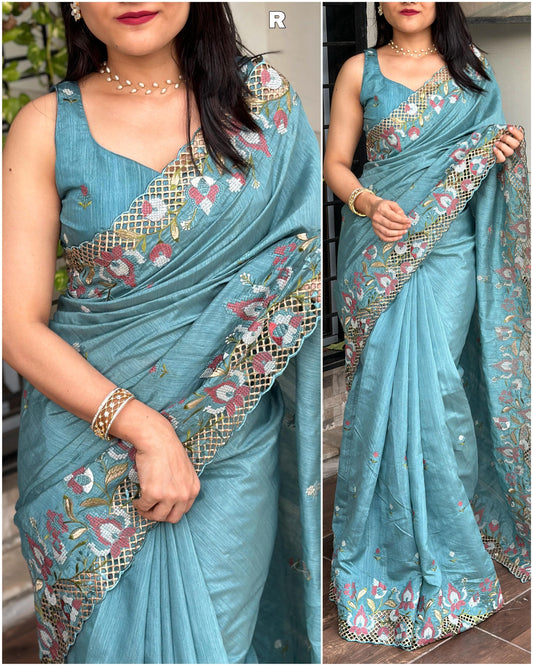 Pastel Blue Visca Slub Silk Saree with Cut Work Design