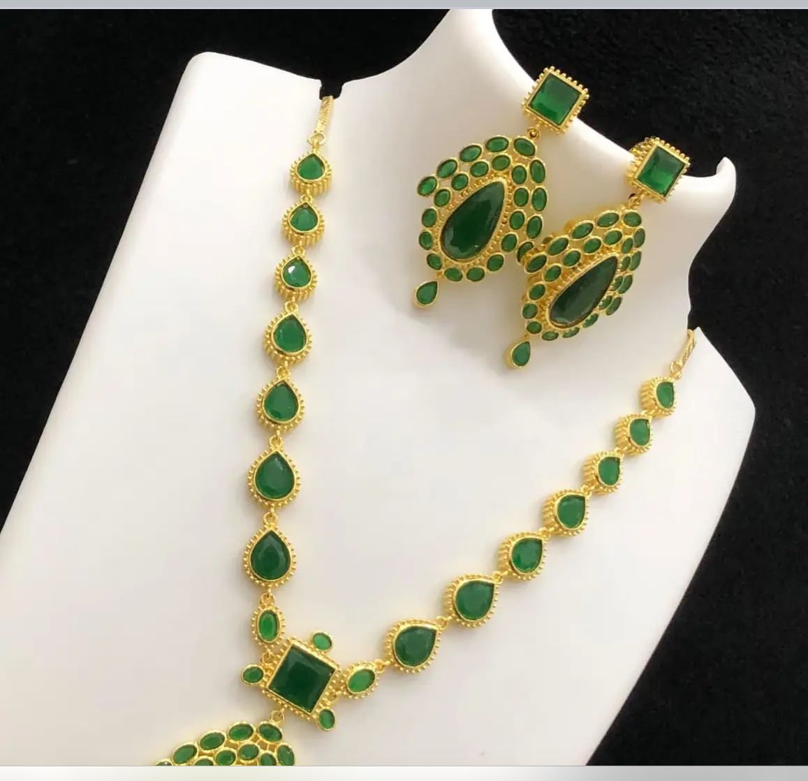 Traditional Gold Polish Green AD Stone Necklace Set – Premium Brass Bridal Jewelry for Women