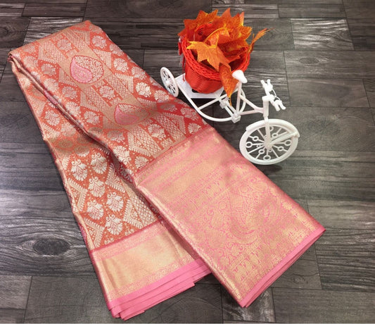 Peach pink Semi-Kanchipuram Tissue Saree - wedding saree