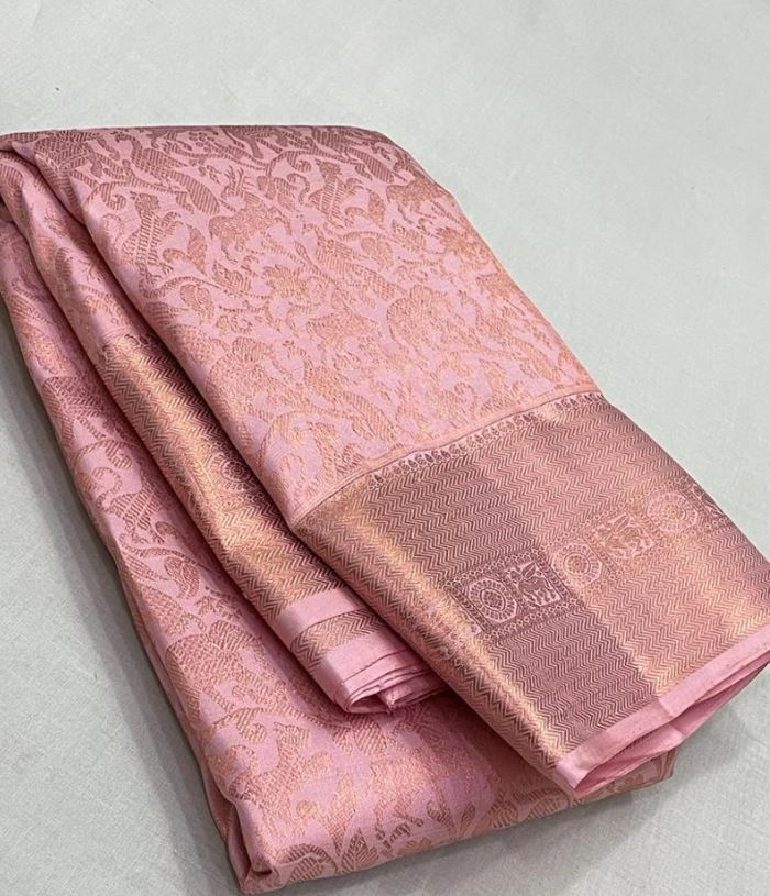 Llight onion pink bridal saree - wedding silk - soft silk saree - beige saree for women - silk mark certified - bridal saree