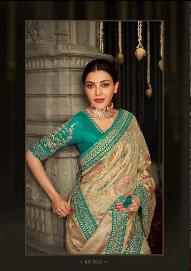 Beige and blue Dola Silk Saree