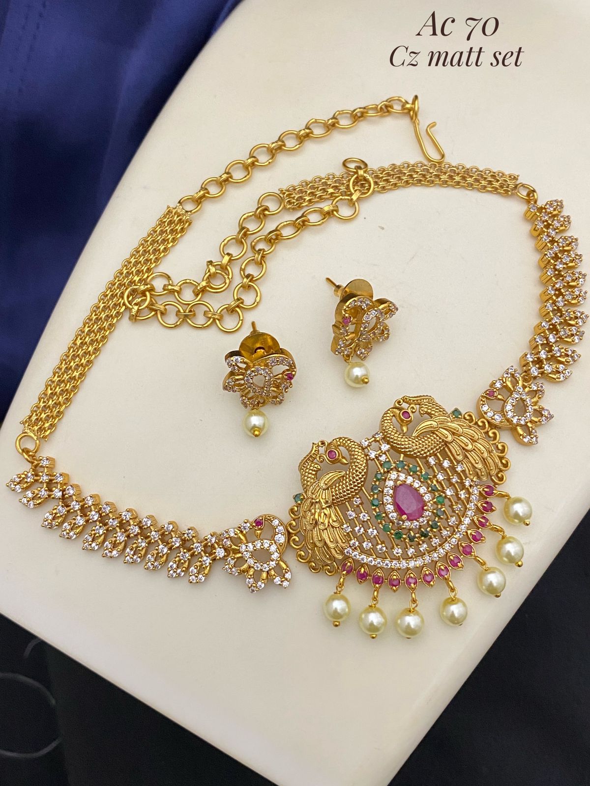 Peacock desgin cz stone choker necklace, Matti finish necklace set - high neck jewellery set, indian necklace, lehenga jewellery, necklace set with jhumka or Jimiki