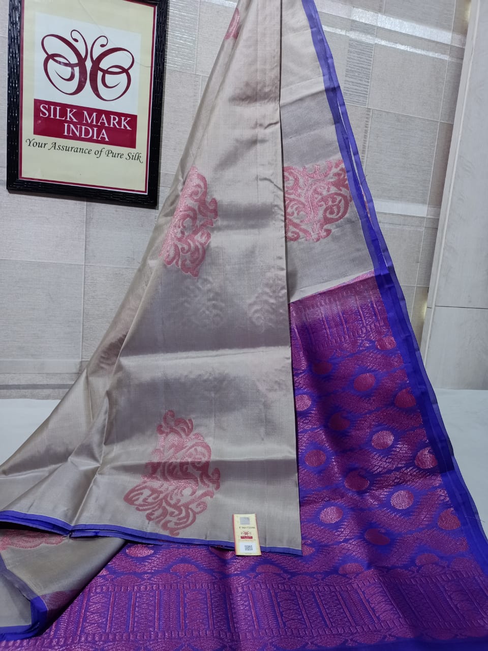 Blue and gray Kanchivaram soft silk saree - tiny border - silk mark certified