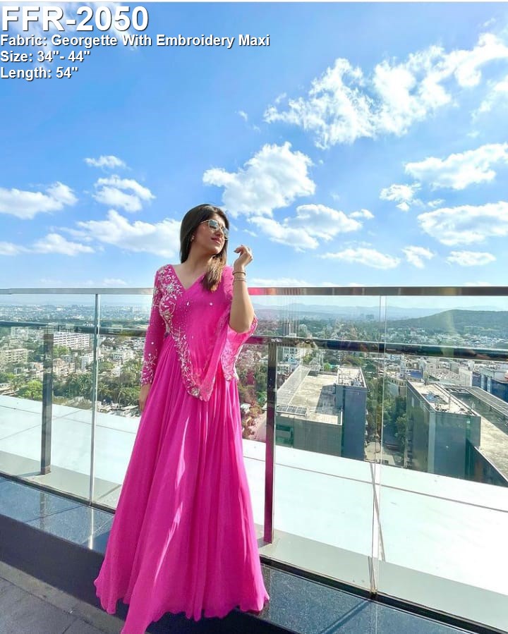 Pink georgette embroidery indian party gown with dupatta - maxi gown , party wear dress - black and multi colour pary gown