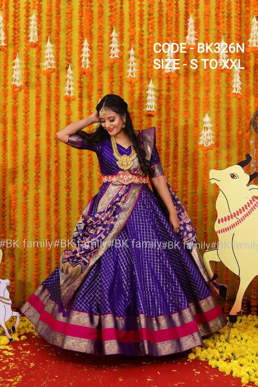 Clearence size M size - Kalamkari Hot blue Pattu dress - lehenga dress - Pattu Gown