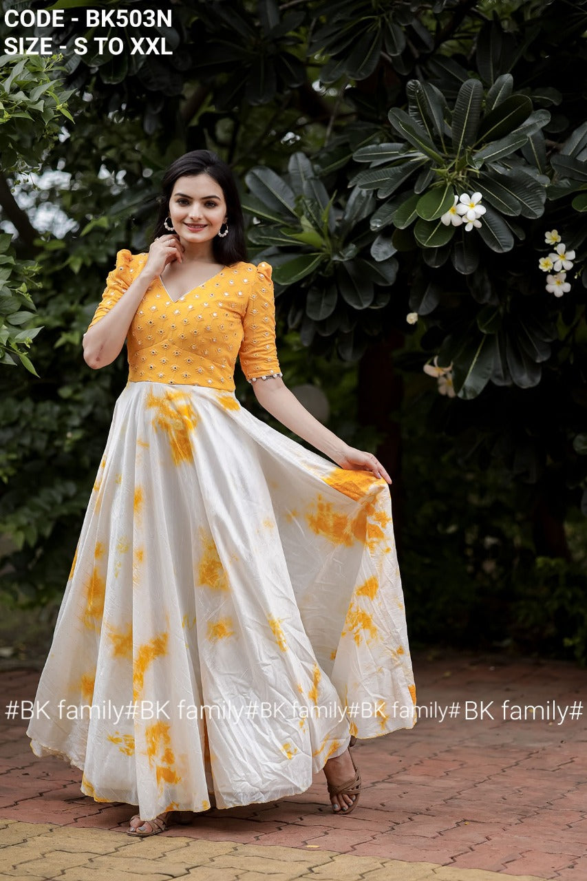 Mustard shibbori pattern Maxi dress - indian party Gown
